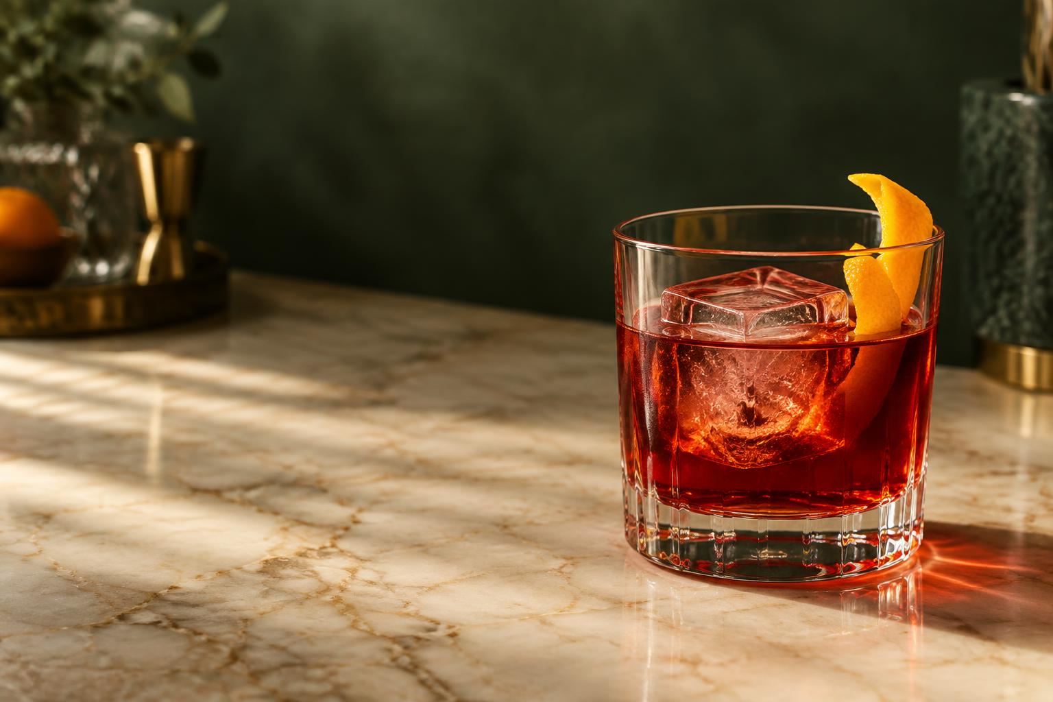 Negroni cocktail with orange garnish on a marble bar